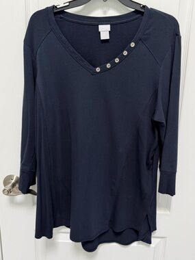 Chico’s Navy V-Neck Button-Accent Women’s Top, Size XL, 3/4 Sleeve